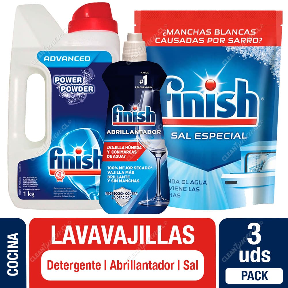 Finish Pack Lavavajilla: Sal 1 kg + Abrillantador 400 ml + Detergente Polvo 1 kg
