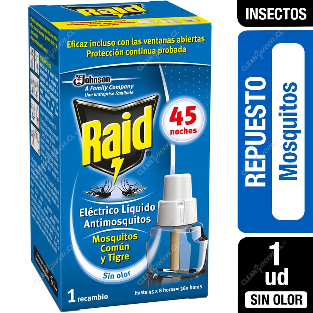 Raid Insecticida Eléctrico Líquido Mosquitos y Zancudos 45 Noches Sin Olor Repuesto