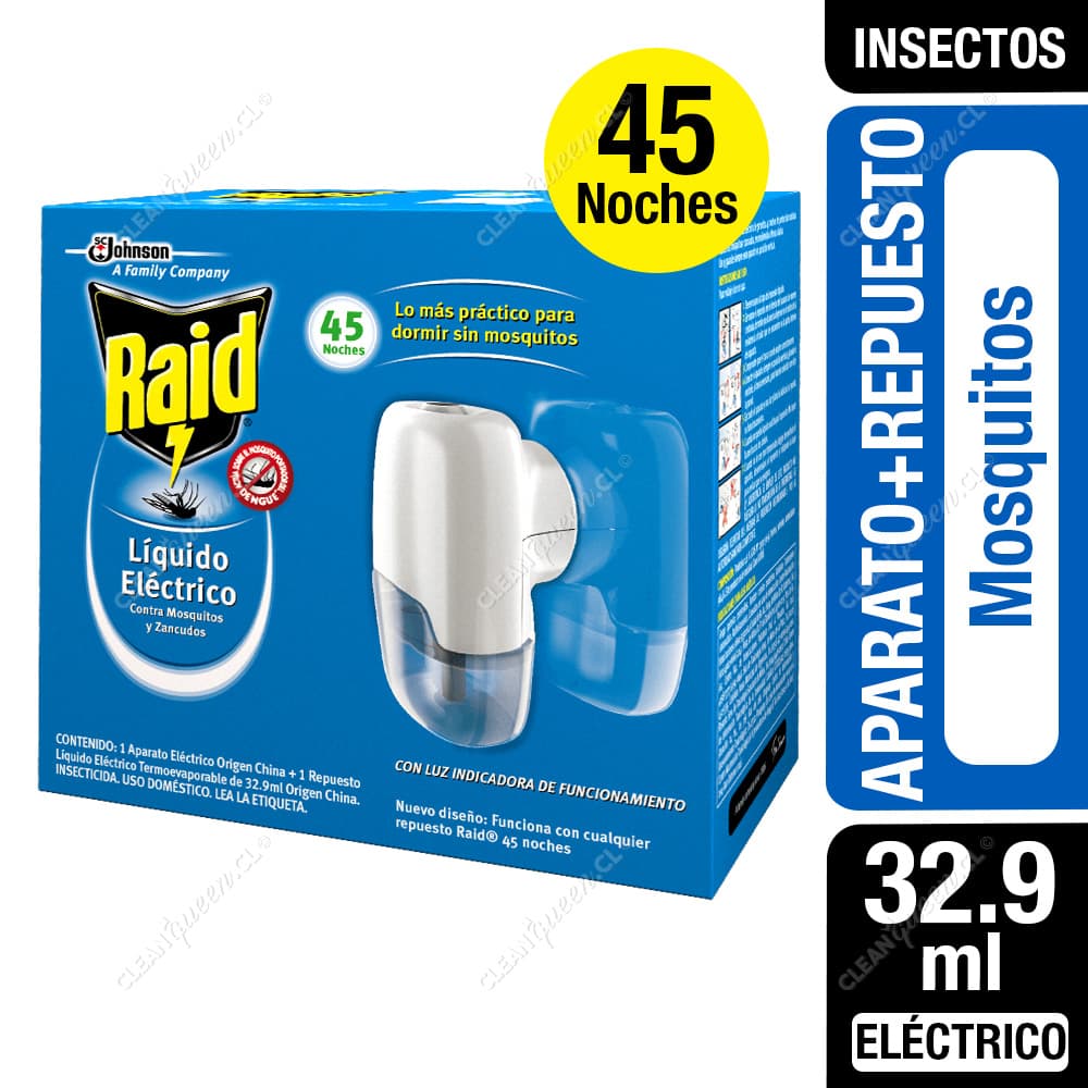Raid Insecticida Eléctrico Líquido Mosquitos y Zancudos 45 Noches Aparato + Repuesto
