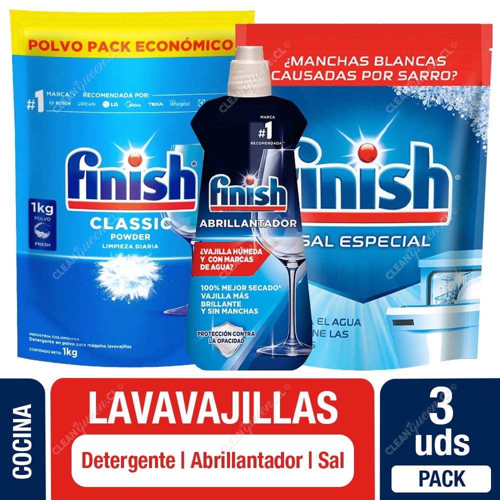 Finish Pack Lavavajilla: Sal 1 kg + Abrillantador 400 ml + Detergente Polvo Repuesto 1 kg
