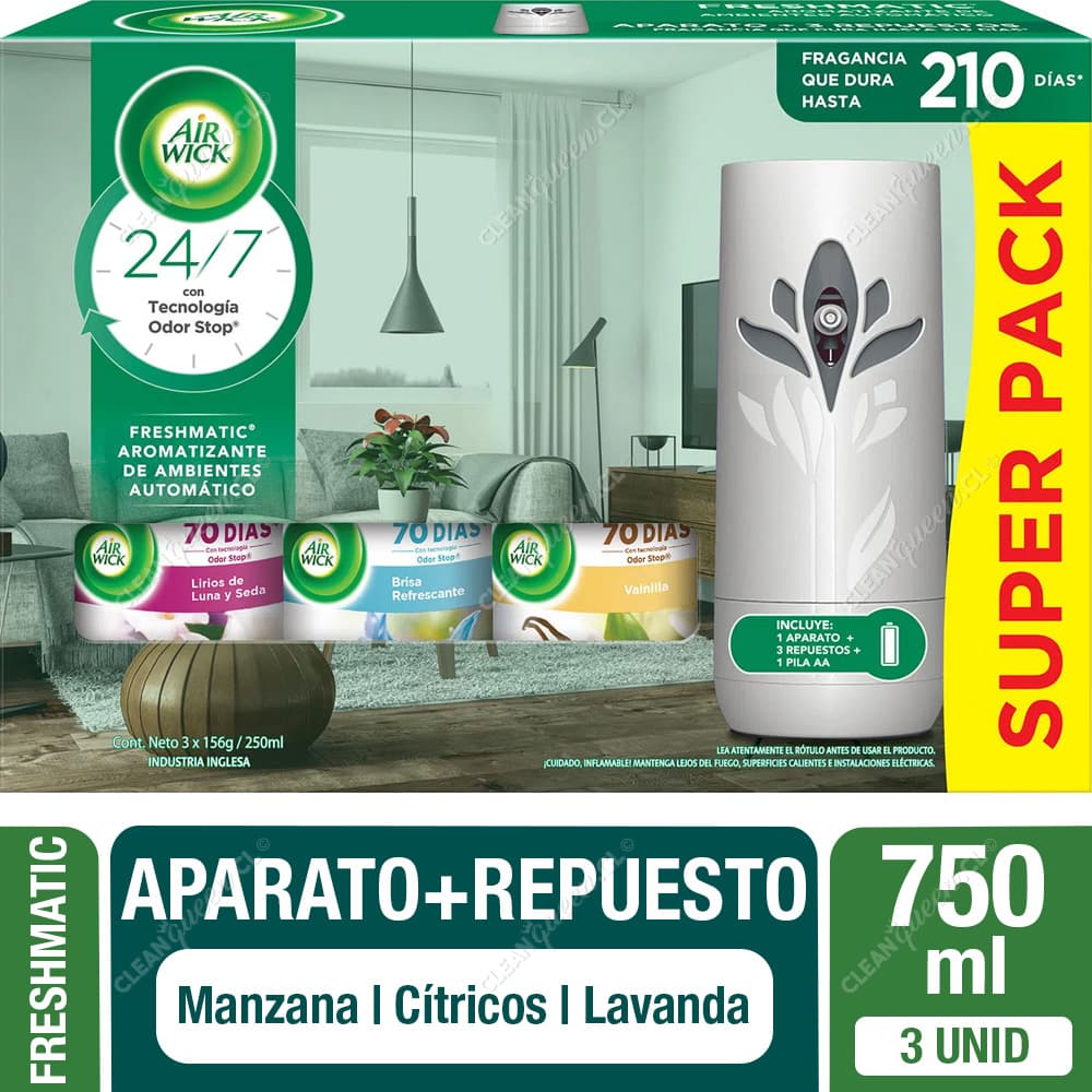 Air Wick Aparato + Repuesto Aromatizante Freshmatic Súper Pack 250 ml 3 un