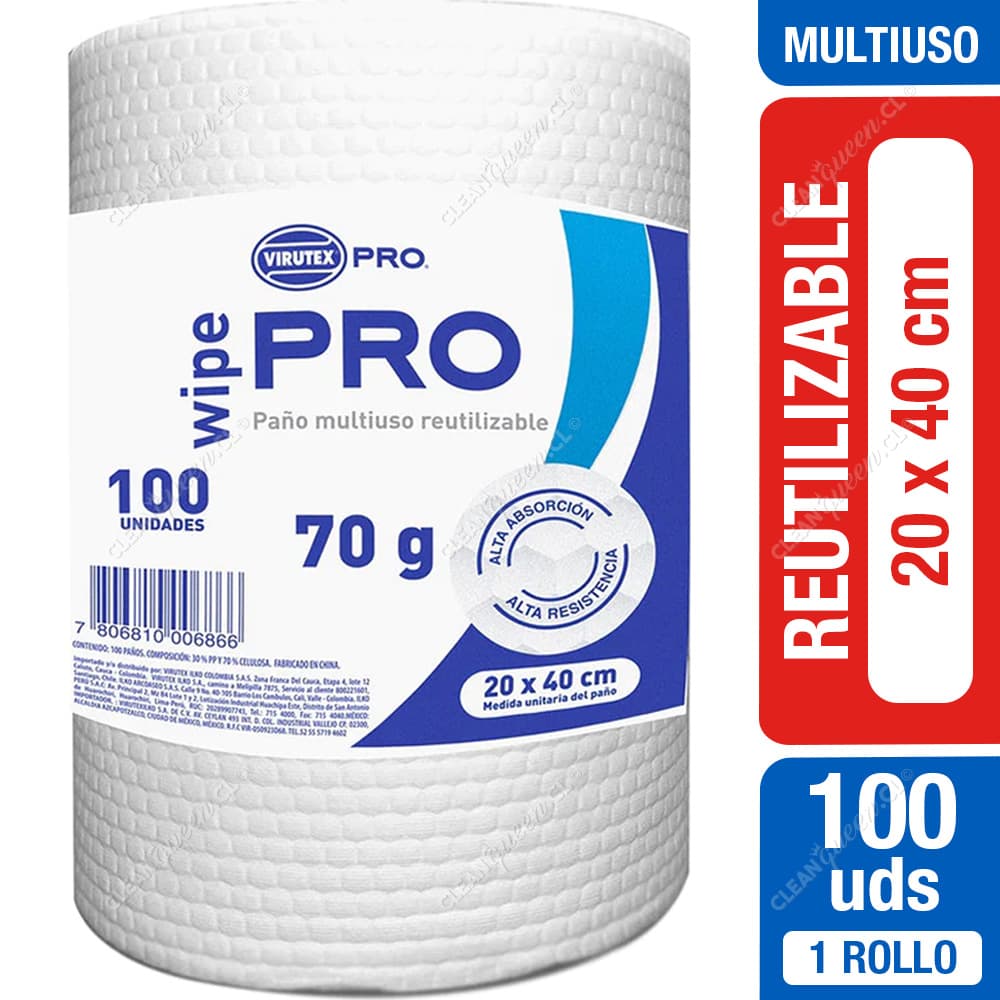 Virutex Paño Multiuso Reutilizable Pro 20 x 40 cm 100 un