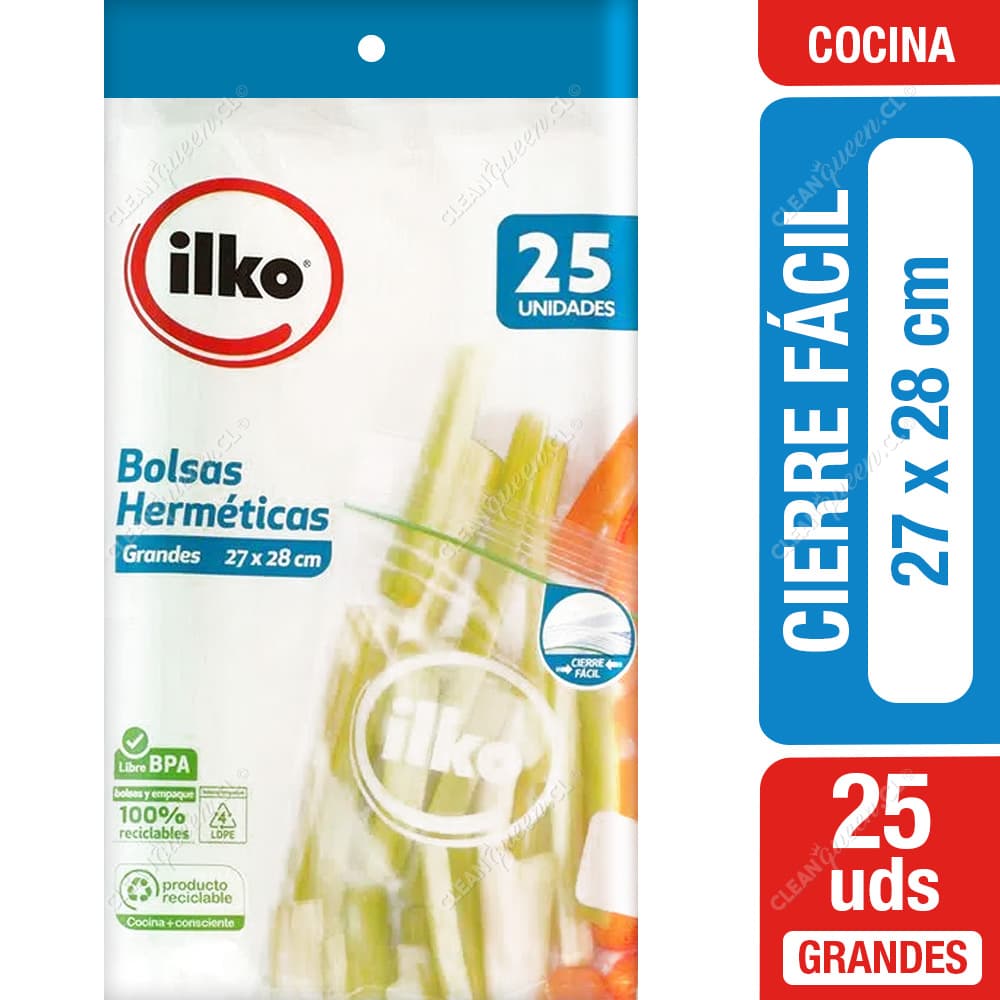 Ilko Bolsa Hermética Cierre Fácil Grande 27 x 28 cm 25 un